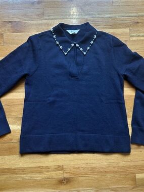 Embellished Collar Navy Women's Sweater
